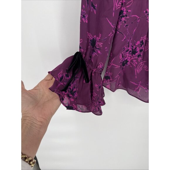 CINQ A SEPT Size Medium MABEL PURPLE FLORAL SILK BLACK VELVET RUFFLE BLOUSE TOP - Picture 9 of 16